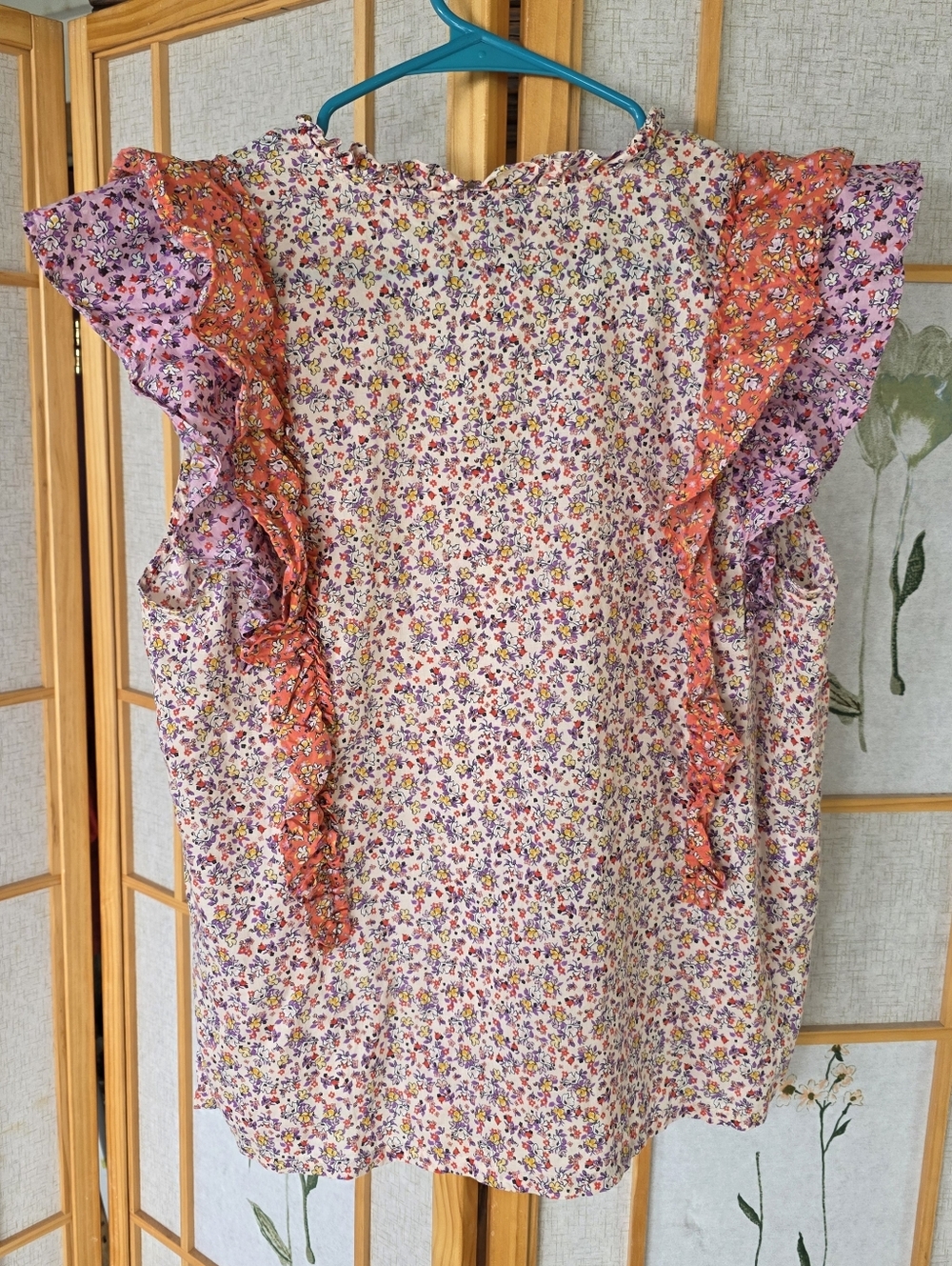 Ann Taylot Floral Ruffled V-Neck Sleeveless Top Cotton Ditzy Print Blouse